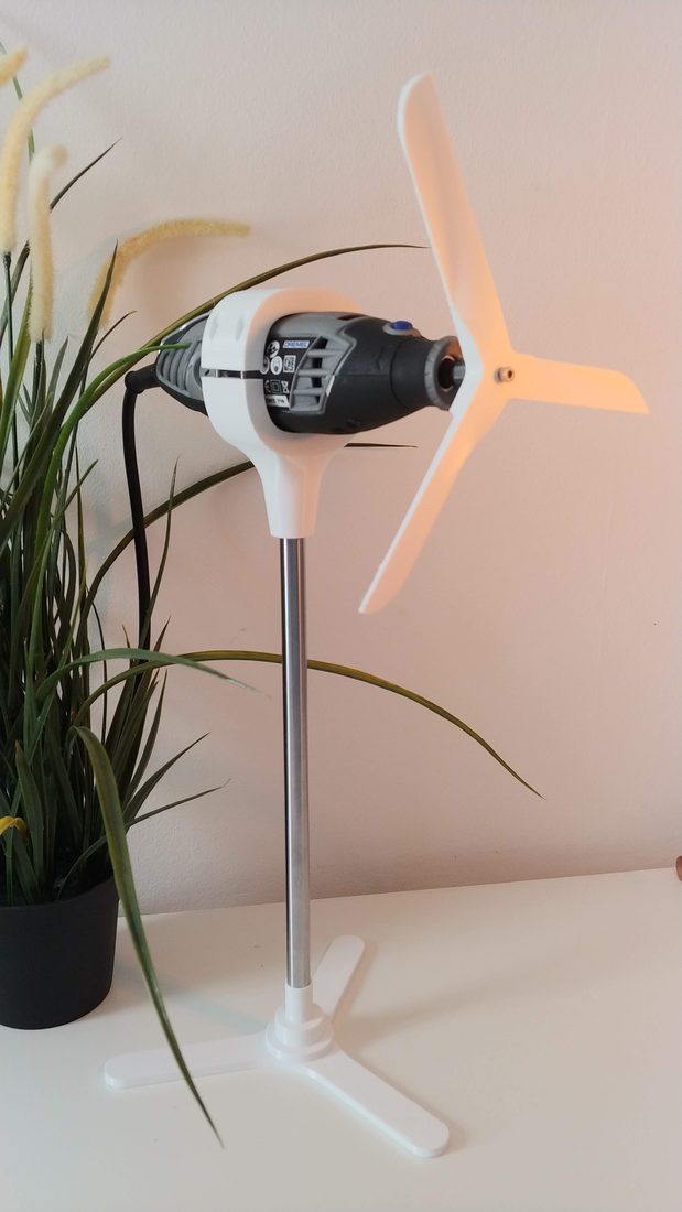 A Dremel 3000 rotary tool converted into a 3D-printed desk fan