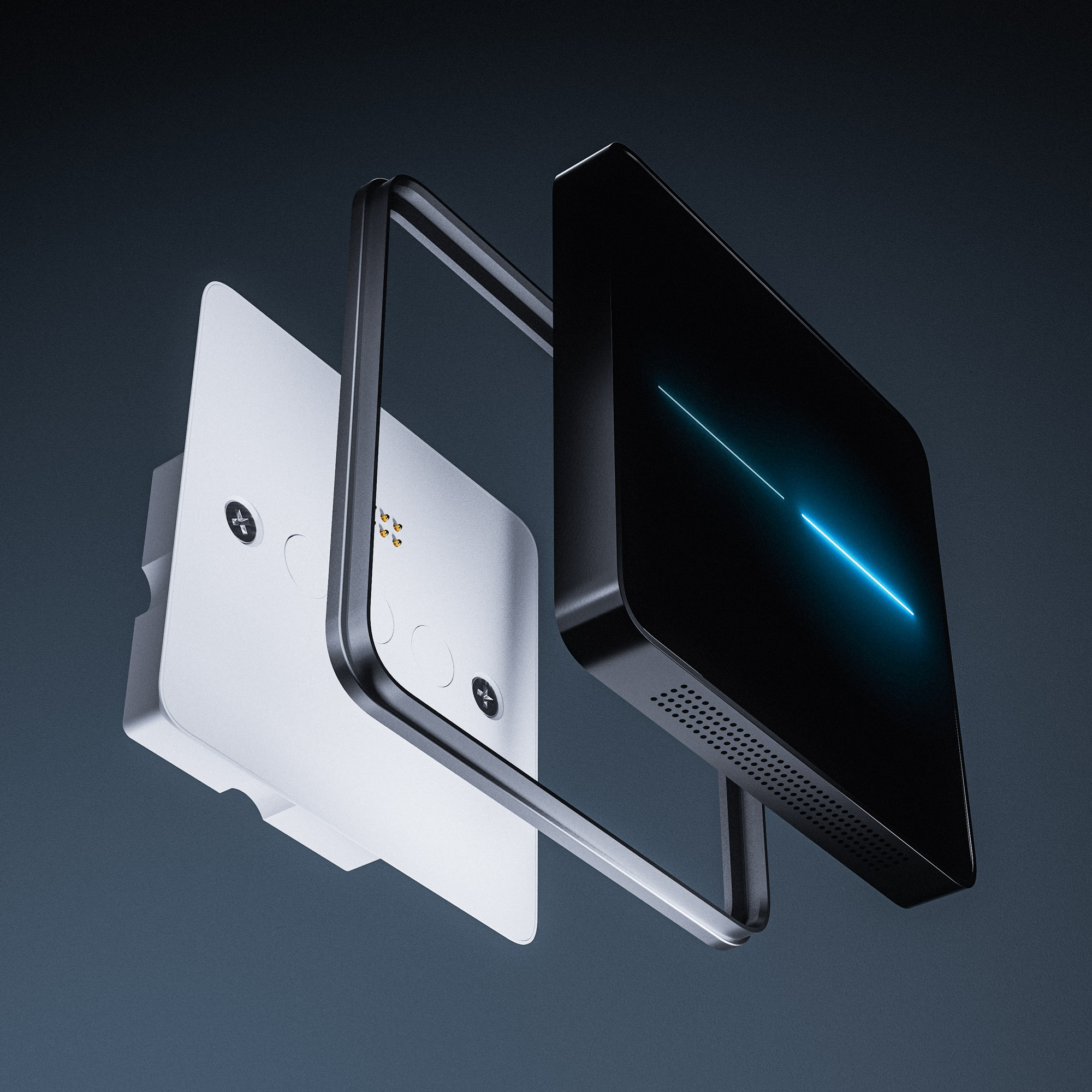 Tap One — exploded view showing the rear mounting plate and front glass face